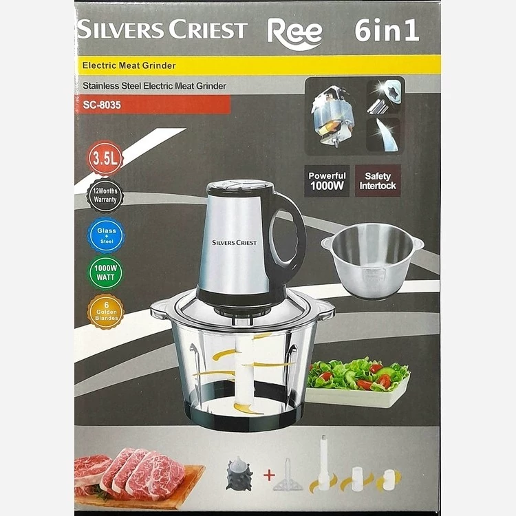 خردکن برقی جدید سیلورکرست دوتا تیغ 6 تایی با سیر پوست کن و همزن مدل 8035 دو کاسه 3.5 لیتر بزرگ