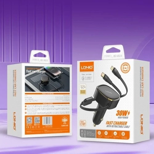 شارژر فندکی الدینیو مدل C107 توان 30 وات با کابل جمع شونده و پشتیبانی از Typ  C و Lightning