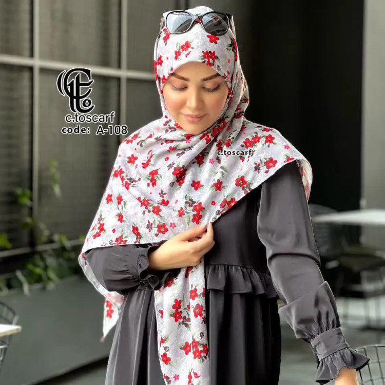 روسری نخ کاستوم طرح چیچک گل سرخ طوسی قواره بزرگ 140 سانتیمتر