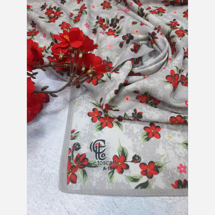 روسری نخ کاستوم طرح چیچک گل سرخ طوسی قواره بزرگ 140 سانتیمتر