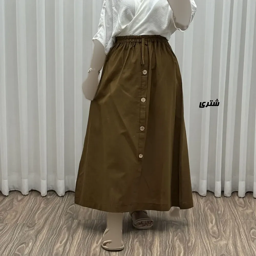 دامن زنانه لینن تمام دکمه فری سایز مناسب تا 46 قد 90 سانتیمتر