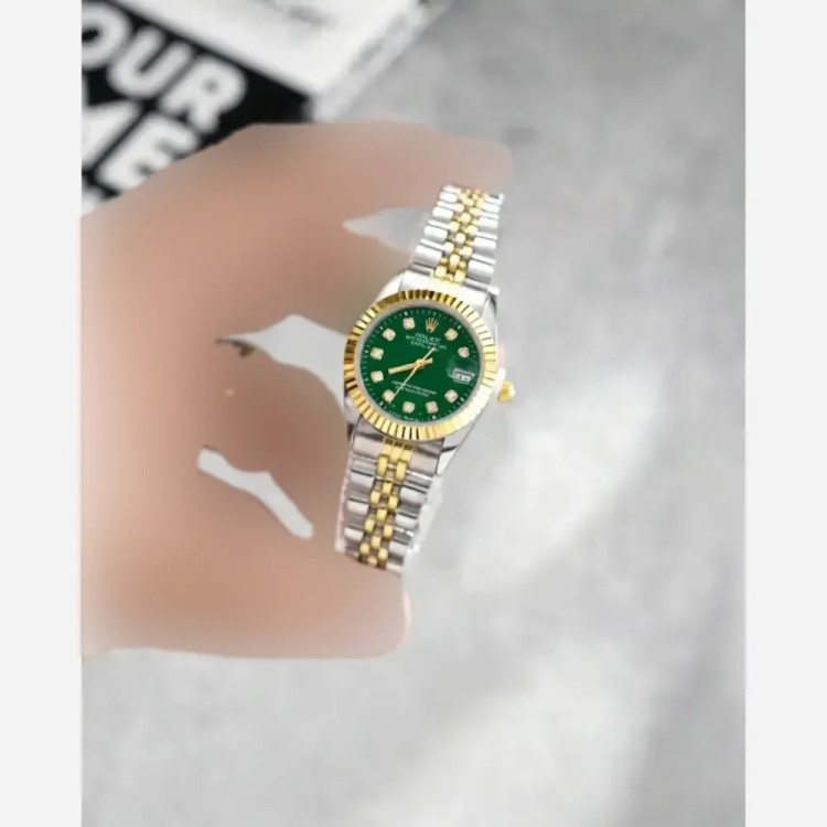 ساعت مچی زنانه رولکس بند استیل دو رنگ صفحه مشکی با تقویم تلسکوپی