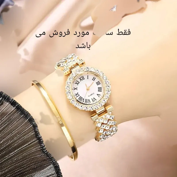 ساعت مچی عقربه ای زنانه مدل فول نگین استون بند دستبندی طلایی صفحه سفید