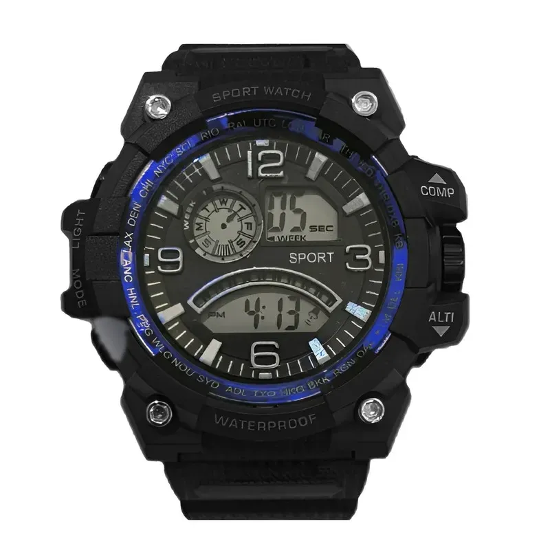 ساعت مچی دیجیتال اسپرت مدل SW-Blue ضد آب با بند مشکی و صفحه گرد