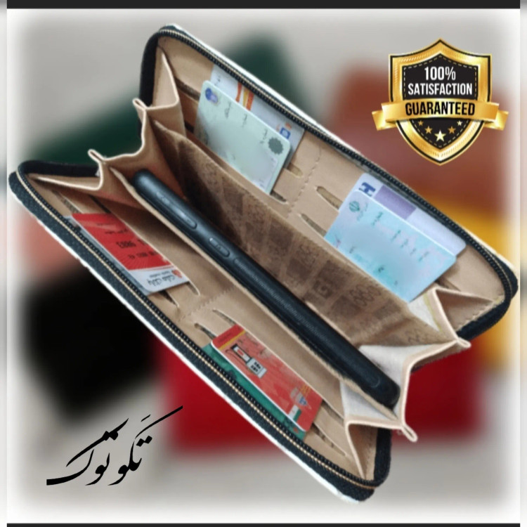 کیف پول و کیف موبایل دستی زنانه رویه چرم خارجی ابعاد 21 در 11 سانتیمتر