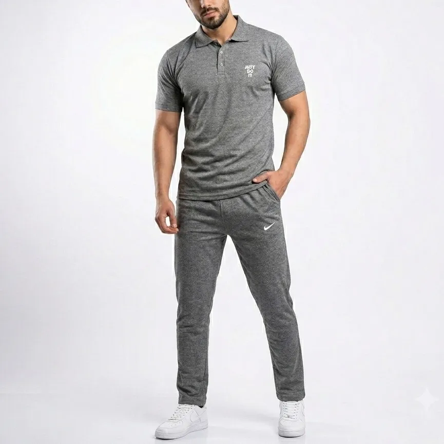 ست پولوشرت و شلوار مردانه مدل HADYDOG رنگ طوسی جنس مولینه لاکرادار