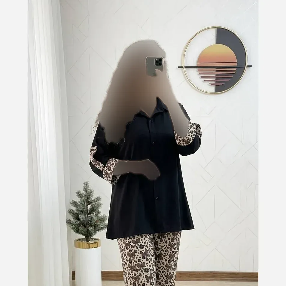 ست شلوار زنانه طرح پلنگی جنس بوگاتی فری سایز تا 46