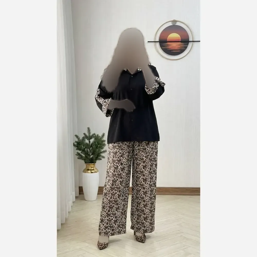 ست شلوار زنانه طرح پلنگی جنس بوگاتی فری سایز تا 46
