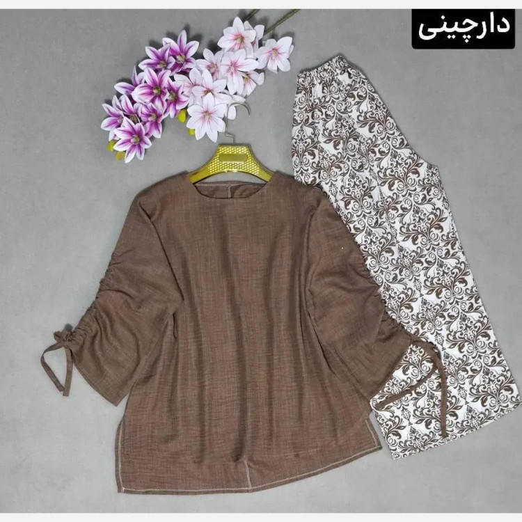 ست آناهیتا شومیز شانتون صوفیا و شلوار نخی اعلا فری سایز رنگبندی کرم سبز نسکافه مشکی دارچینی