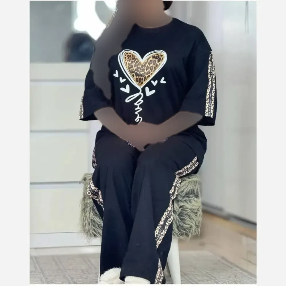 ست تیشرت شلوار گلکسی پنبه درجه یک زنانه مشکی فری سایز