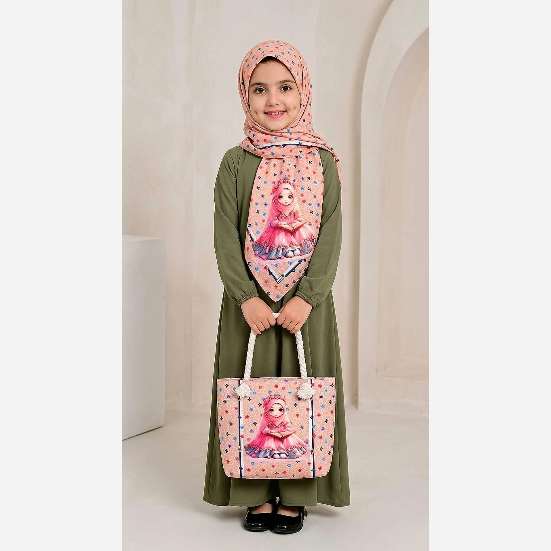 ست کیف و روسری بچگانه جنس مخمل و نخی با قواره 90 و ابعاد 20 در 30
