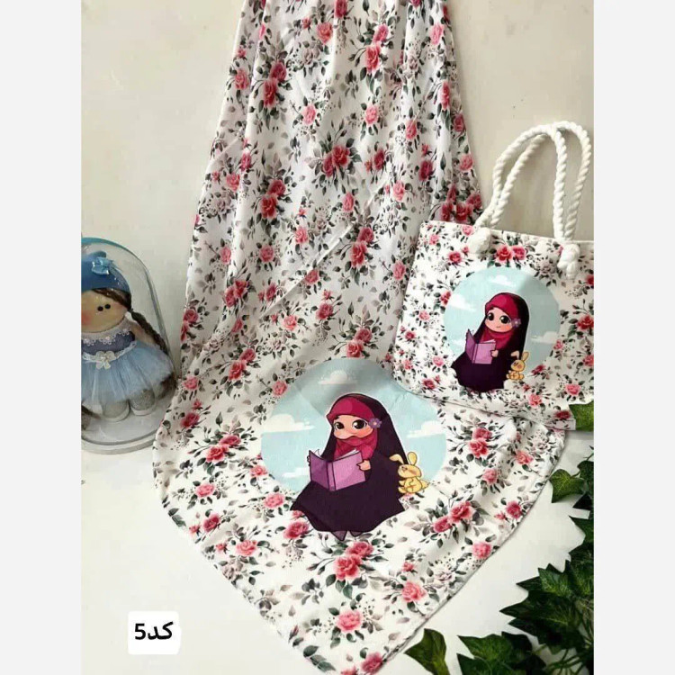 ست کیف و روسری بچگانه جنس مخمل و نخی با قواره 90 و ابعاد 20 در 30