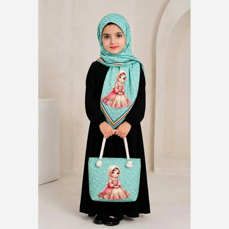 ست کیف و روسری بچگانه جنس مخمل و نخی با قواره 90 و ابعاد 20 در 30