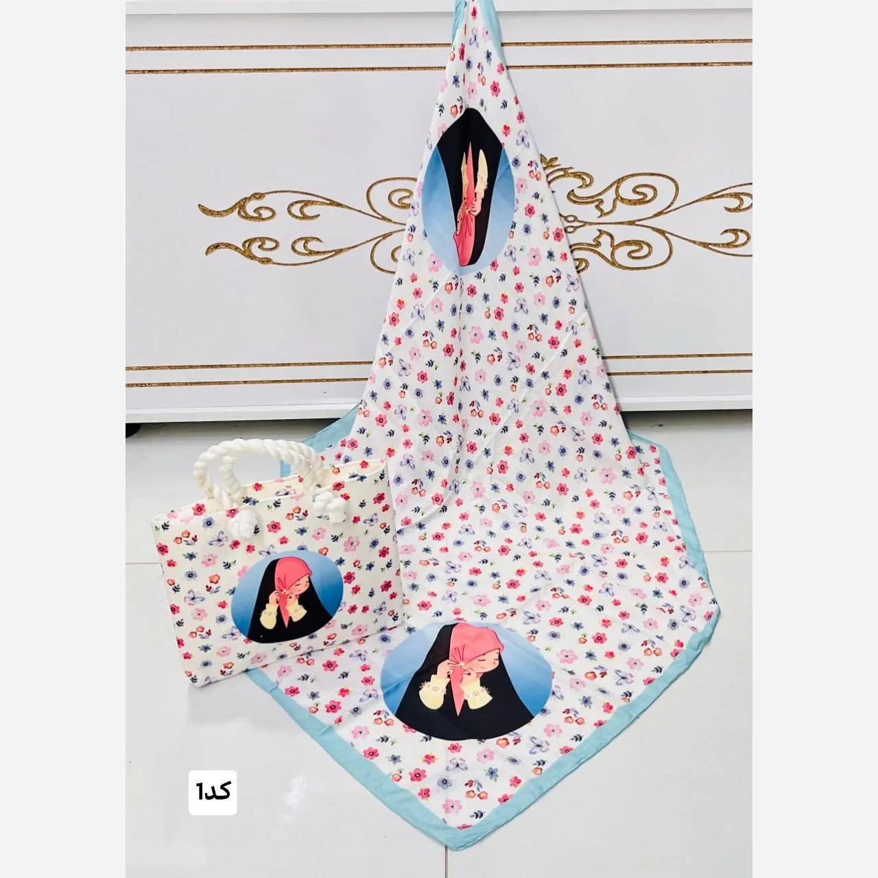 ست کیف و روسری بچگانه جنس مخمل و نخی با قواره 90 و ابعاد 20 در 30