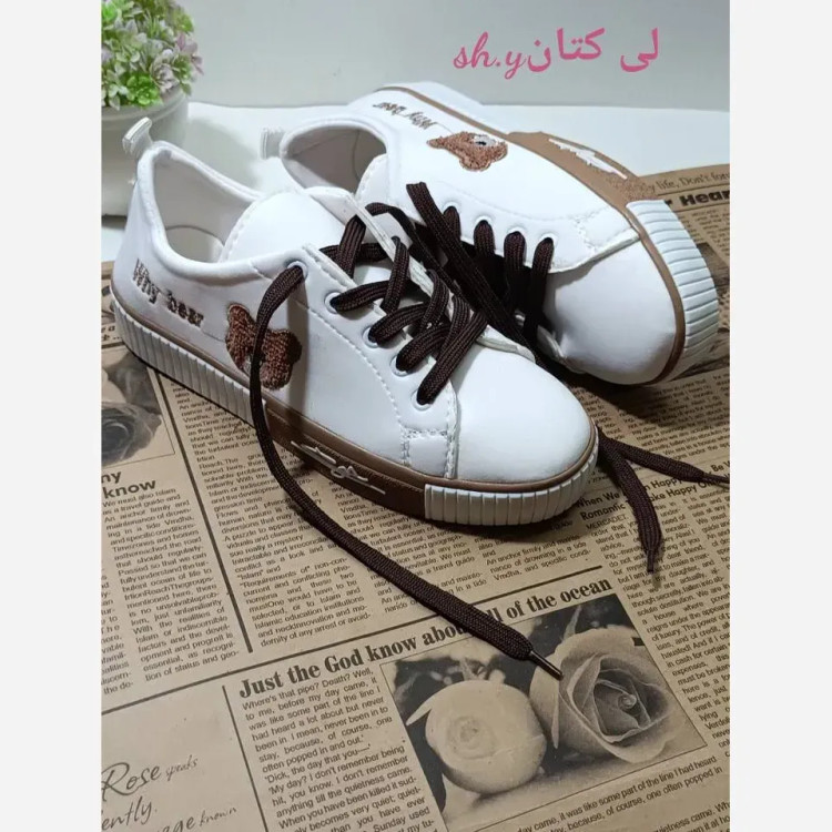 کفش ونس خرسی زنانه جنس لی کتان لژ 2 سانت رنگ سفید و مشکی
