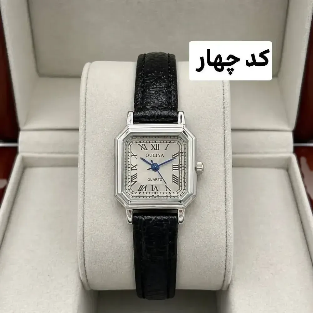 ساعت مچی زنانه و دخترانه بند چرمی صفحه مستطیل با اعداد یونانی و موتور کوارتز به همراه جعبه کادویی