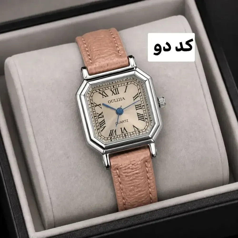 ساعت مچی زنانه و دخترانه بند چرمی صفحه مستطیل با اعداد یونانی و موتور کوارتز به همراه جعبه کادویی