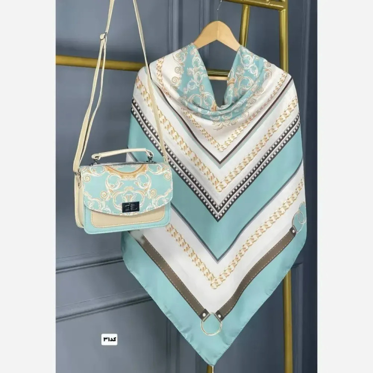ست کیف و روسری زنانه مدل گالریا با کیف مخمل و چرم و روسری نخی منگولهدار