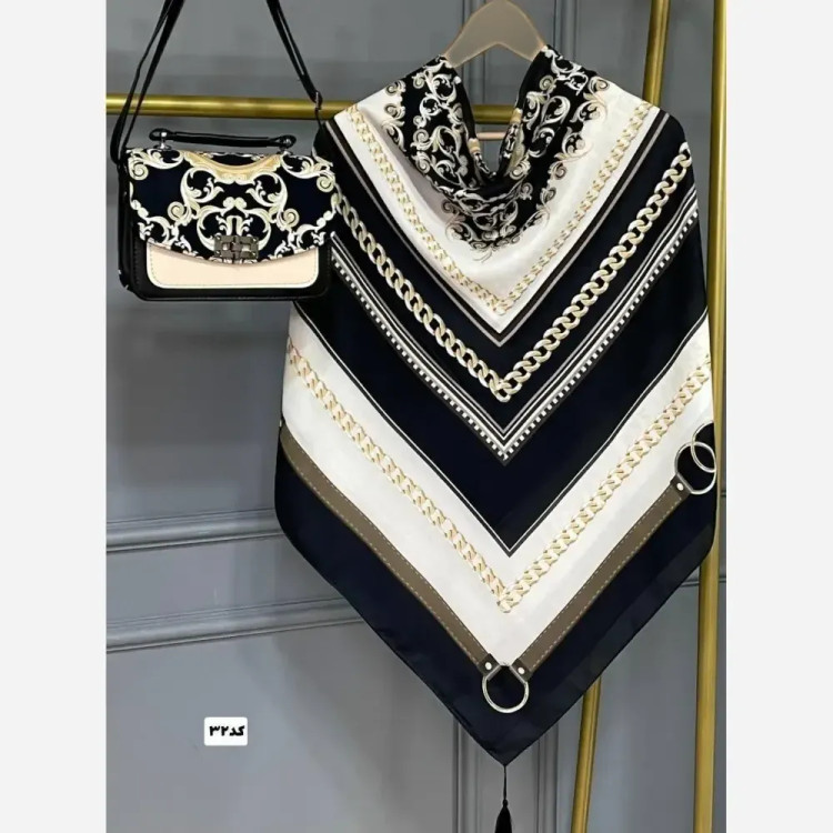 ست کیف و روسری زنانه مدل گالریا با کیف مخمل و چرم و روسری نخی منگولهدار