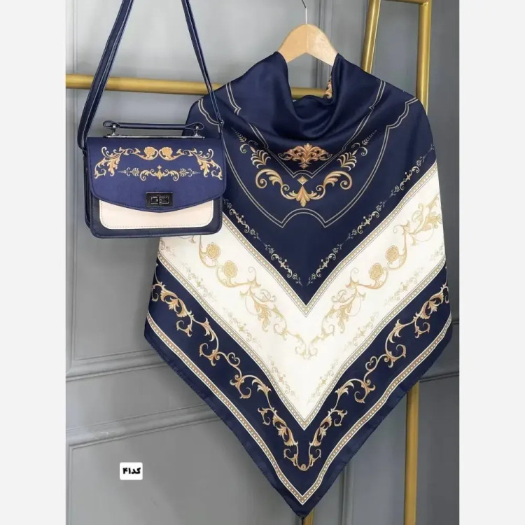 ست کیف و روسری زنانه مدل سلینا جنس مخمل و چرم صنعتی به همراه روسری نخی منگولهدار