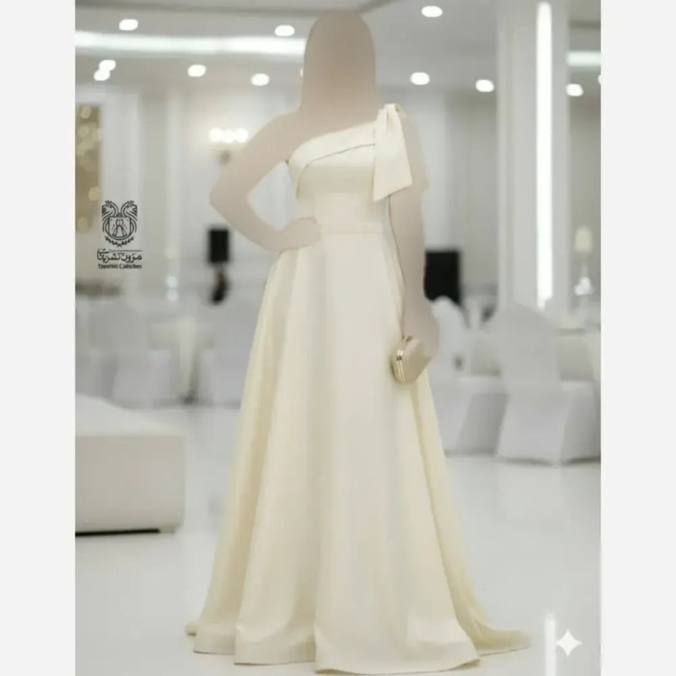 پیراهن زنانه مجلسی ساتن آمریکایی مدل سرشانه پاپیون سبک رومی