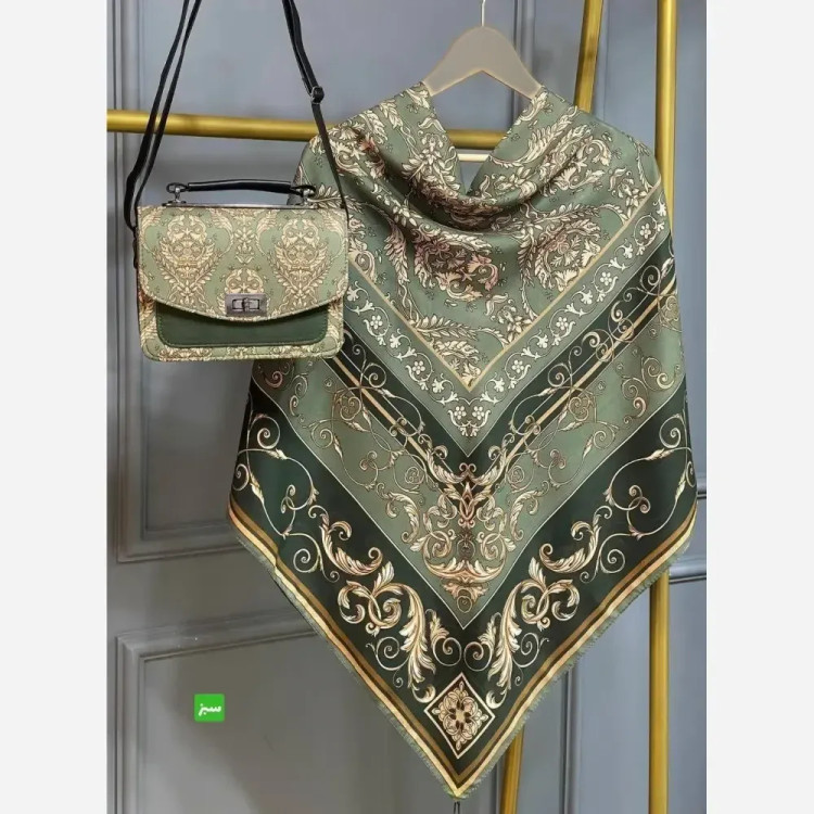 ست کیف و روسری الیزابت با کیف مخمل و چرم و روسری نخی منگوله دار