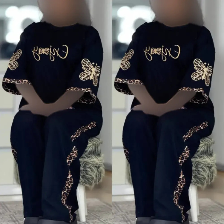 ست تیشرت و شلوار زنانه جنس پنبه گلکسی رنگ مشکی سایز فری 38 تا 46