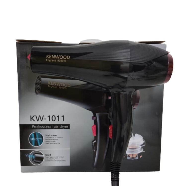 سشوار خانگی 2400 وات کنوود مدل KW-1011، موتور AC، وزن 500 گرم، المنت تیتانیوم، دارای سری متمرکزکننده باریک با ویژگی صافکنندگی، با قابلیت تنظیم دما، باد سرد، سیم گردان