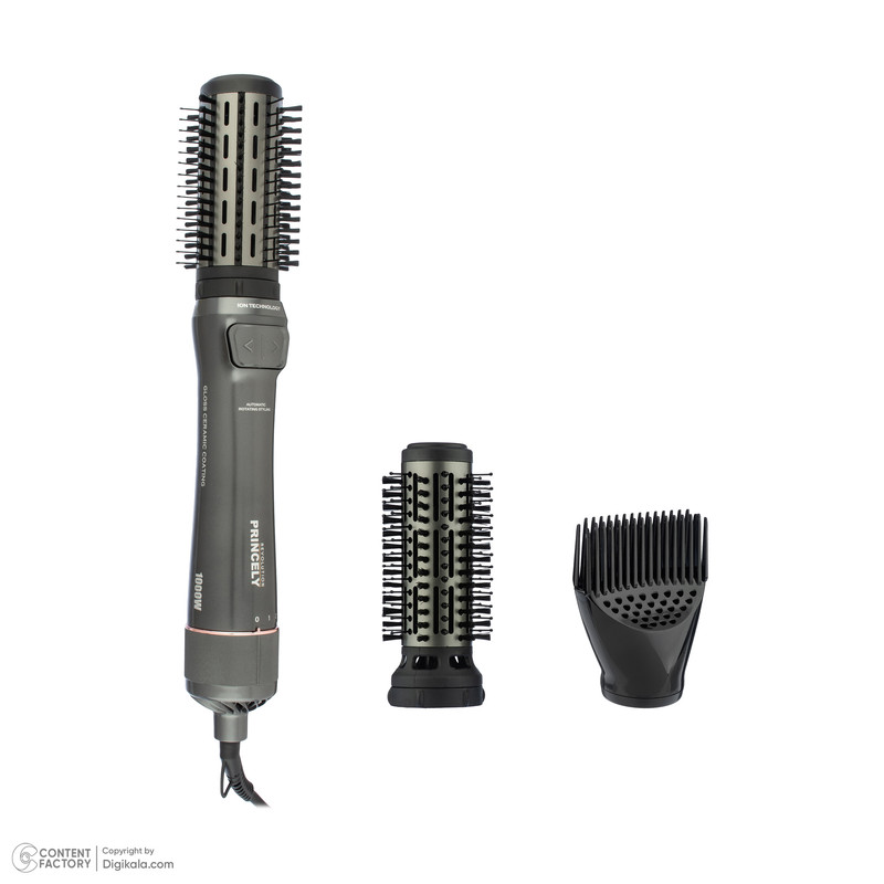 سشوار برسدار چرخشی 240 وات پرنسلی مدل PR312AT، موتور DC، وزن 1430 گرم، دارای سری شانهدار، سری برسدار گرد پهن، سری چرخشی، کیف نگهدارنده، سری دندانهدار با ویژگی فرکنندگی، صافکنندگی، حجمدهندگی