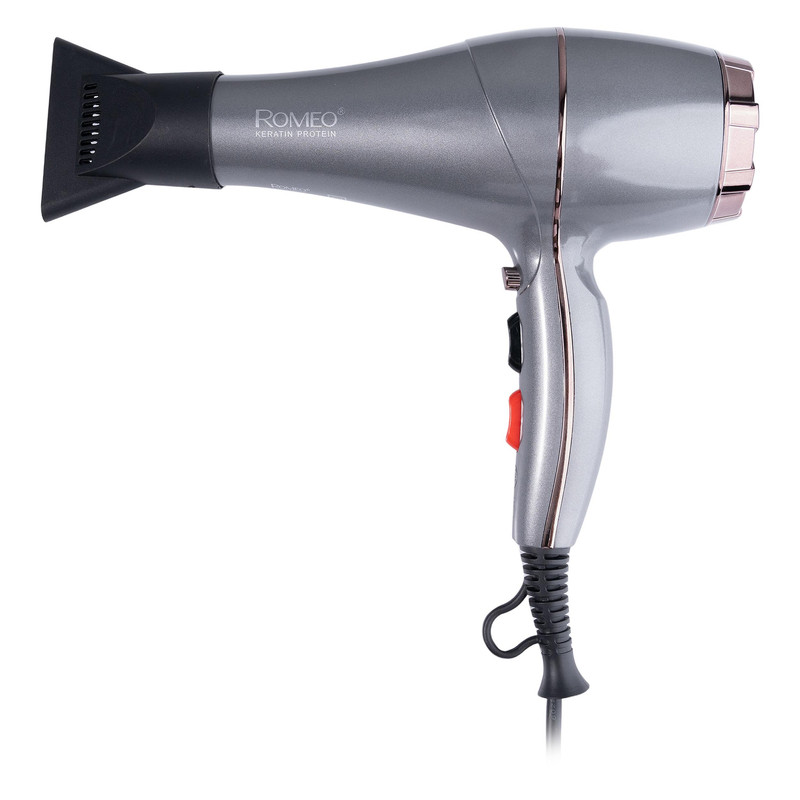 سشوار حرفهای 2200 وات رومئو مدل RM-5858، موتور AC، وزن 450 گرم، المنت فلز، دارای سری متمرکزکننده باریک با ویژگی صافکنندگی، حجمدهندگی، با قابلیت تنظیم دما، باد سرد