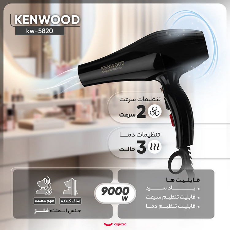 سشوار خانگی 9000 وات کنوود مدل kw-5820، موتور AC، وزن 700 گرم، المنت فلز، دارای سری متمرکزکننده پهن با ویژگی صافکنندگی، حجمدهندگی، با قابلیت باد سرد