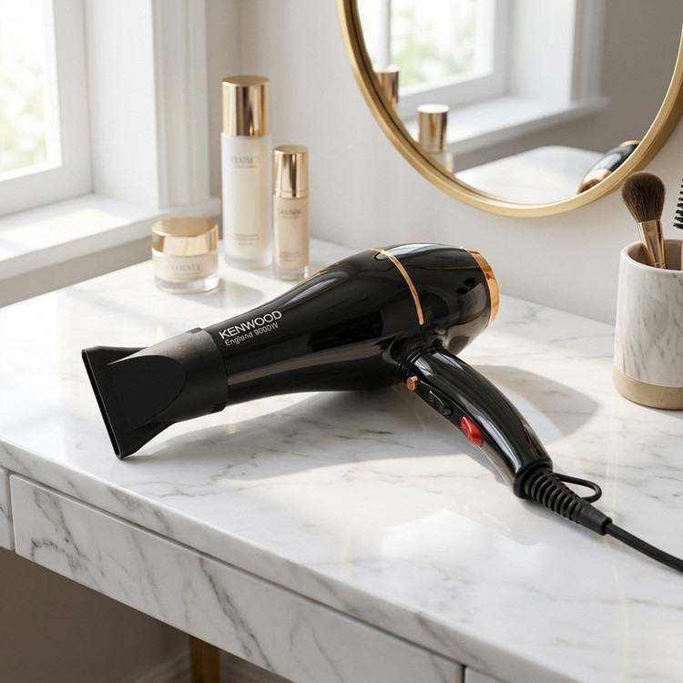 سشوار حرفهای کنوود مدل KW-550 با موتور AC، توان 9000 وات، تنظیمات دما و سرعت دو حالته، سری صافکننده، همراه با متمرکزکننده باریک، وزن 600 گرم، مناسب استفاده حرفهای و آرایشگاهی
