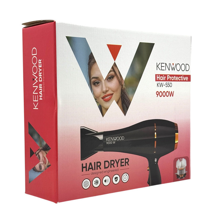 سشوار حرفهای کنوود مدل KW-550 با موتور AC، توان 9000 وات، تنظیمات دما و سرعت دو حالته، سری صافکننده، همراه با متمرکزکننده باریک، وزن 600 گرم، مناسب استفاده حرفهای و آرایشگاهی