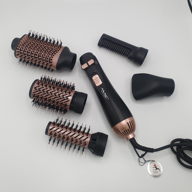 سشوار برسدار چرخشی 1200 وات مک استایلر مدل MC_1515، موتور DC، وزن 620 گرم، دارای سری چرخشی با ویژگی حجمدهندگی، فرکنندگی