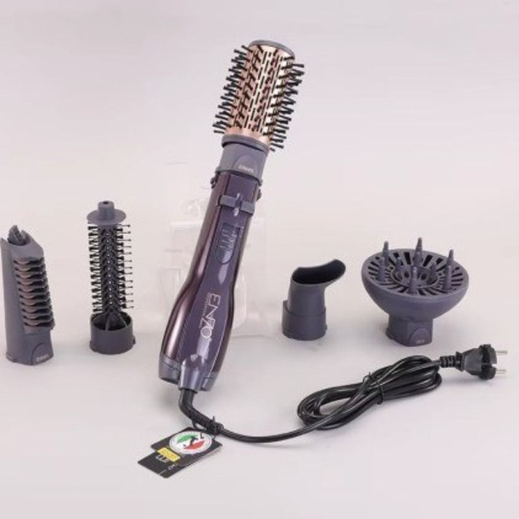 سشوار برسدار چرخشی انزو پروفیشینال مدل EN-4136 با توان 1500 وات، موتور AC، تنظیم دما در دو حالت، سریهای فرکننده، صافکننده و حجمدهنده، کاهش وز مو، همراه با متمرکزکننده باریک و کیف نگهداری
