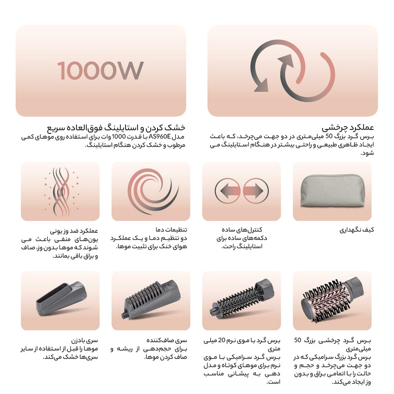 سشوار برسدار چرخشی 1000 وات بابیلیس مدل AS960E، موتور DC، وزن 530 گرم، المنت سرامیک، دارای سری چرخشی با ویژگی فرکنندگی، صافکنندگی، حجمدهندگی، با قابلیت باد سرد