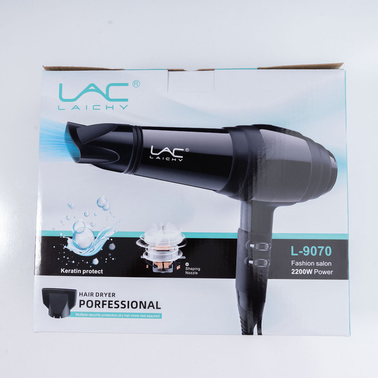 سشوار حرفهای 2200 وات لایچی مدل L-9070، موتور AC، وزن 1100 گرم، المنت سرامیک تورمالین، دارای سری متمرکزکننده پهن با ویژگی صافکنندگی، حجمدهندگی، با قابلیت باد سرد، فناوری تولید یون، دسته ارگونومیک