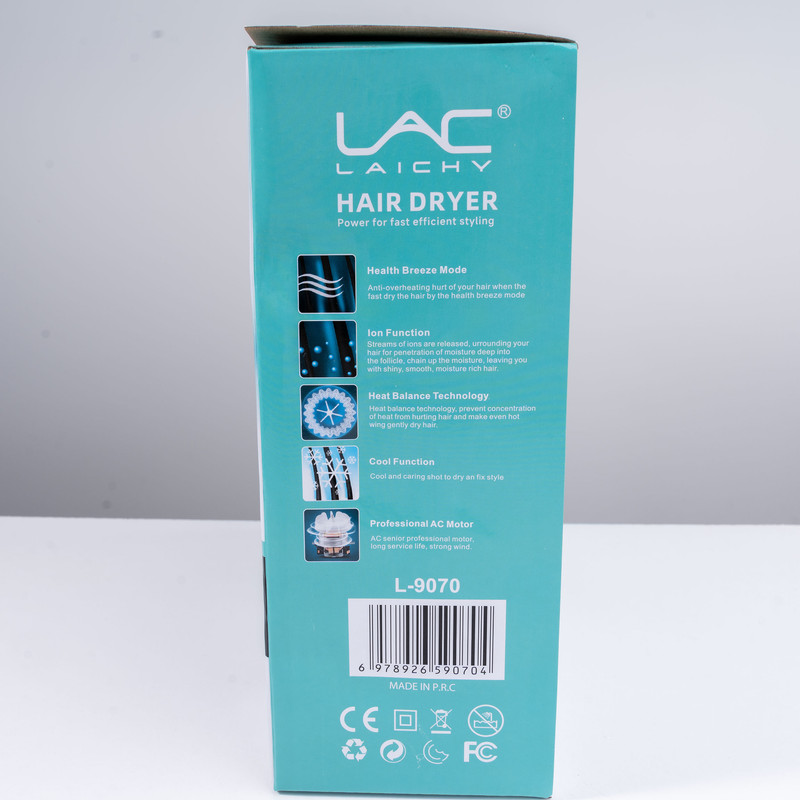 سشوار حرفهای 2200 وات لایچی مدل L-9070، موتور AC، وزن 1100 گرم، المنت سرامیک تورمالین، دارای سری متمرکزکننده پهن با ویژگی صافکنندگی، حجمدهندگی، با قابلیت باد سرد، فناوری تولید یون، دسته ارگونومیک