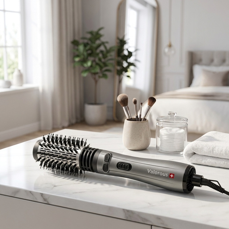 سشوار برسدار چرخشی 1200 وات والوروس مدل VL-507، موتور AC، وزن 950 گرم، المنت سرامیک، دارای سری برسدار گرد باریک، سری برسدار گرد پهن با ویژگی فرکنندگی، صافکنندگی، حجمدهندگی، با قابلیت تنظیم دما