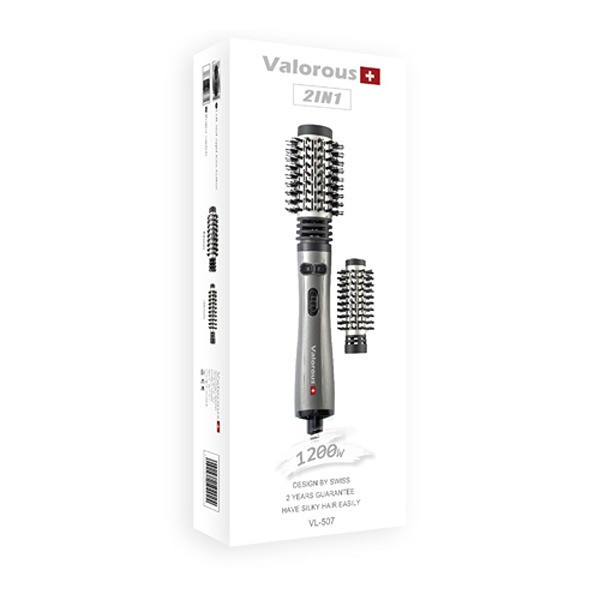 سشوار برسدار چرخشی 1200 وات والوروس مدل VL-507، موتور AC، وزن 950 گرم، المنت سرامیک، دارای سری برسدار گرد باریک، سری برسدار گرد پهن با ویژگی فرکنندگی، صافکنندگی، حجمدهندگی، با قابلیت تنظیم دما
