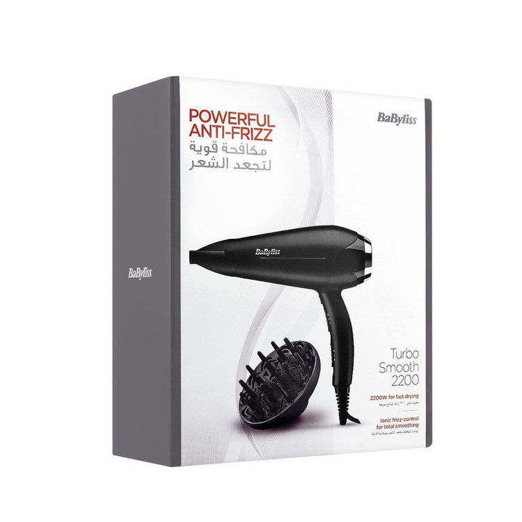 سشوار خانگی بابیلیس مدل D570DSDE با موتور AC، توان 2200 وات، تنظیم دما و سرعت در سه حالت، فناوری تولید یون، باد سرد، همراه با دیسپانسر و دو متمرکزکننده باریک