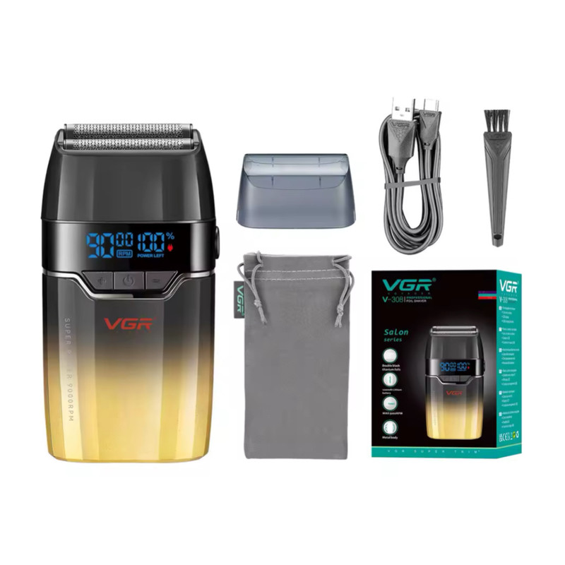 ماشین اصلاح موی صورت وی جی ار مدل V-308 با تیغه تیتانیوم پیشرفته، باتری لیتیوم یونی 1200 میلیآمپرساعتی، قابلیت اصلاح خشک و مرطوب، نمایشگر وضعیت باتری و طراحی ارگونومیک مقاوم در برابر ضربه