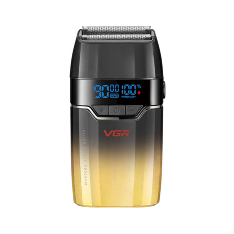 ماشین اصلاح موی صورت وی جی ار مدل V-308 با تیغه تیتانیوم پیشرفته، باتری لیتیوم یونی 1200 میلیآمپرساعتی، قابلیت اصلاح خشک و مرطوب، نمایشگر وضعیت باتری و طراحی ارگونومیک مقاوم در برابر ضربه