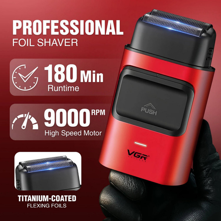 ماشین اصلاح موی صورت شارژی وی جی ار مدل V-307 با موتور 9000 دور در دقیقه، تیغههای استیل ضد زنگ، فویلی دوگانه، باتری 2000 میلیآمپر ساعت، اصلاح با شماره صفر و طراحی ارگونومیک