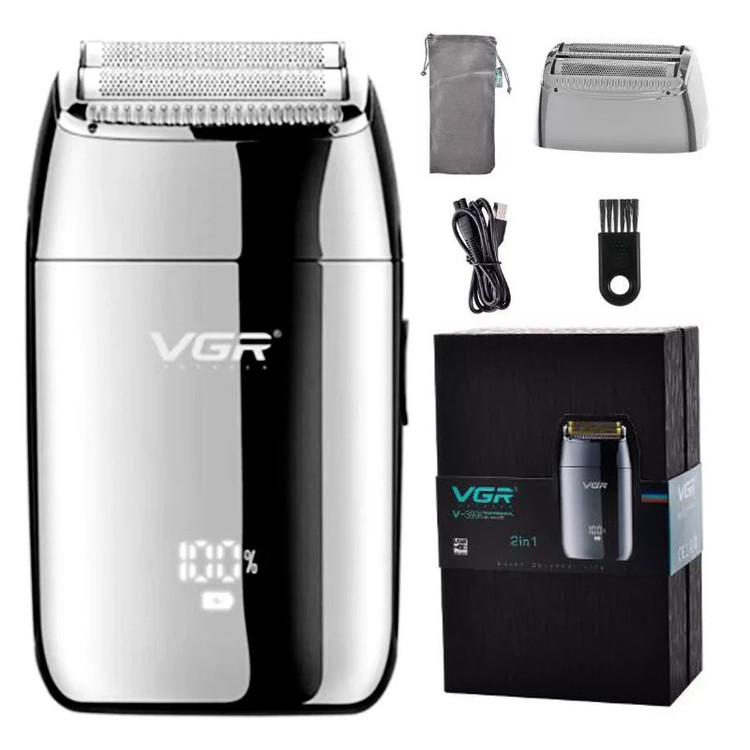 ماشین اصلاح موی صورت وی جی آر مدل V-399 با تیغه استیل پیشرفته، تکنولوژی شیو فویلی، باتری لیتیوم یونی 700mAh، استفاده خشک و مرطوب، شارژ سریع 180 دقیقه، عمر باتری 200 دقیقه، مقاوم در برابر آب و سبک