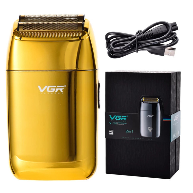 ماشین اصلاح موی صورت وی جی آر مدل V-399 با تیغه استیل پیشرفته، تکنولوژی شیو فویلی، باتری لیتیوم یونی 700mAh، استفاده خشک و مرطوب، شارژ سریع 180 دقیقه، عمر باتری 200 دقیقه، مقاوم در برابر آب و سبک