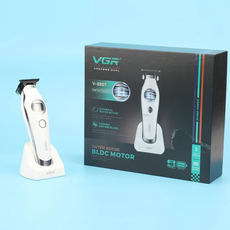 ماشین اصلاح موی صورت شارژی وی جی ار مدل V-880 T با تیغه سرامیکی خودتیز شونده، طراحی ارگونومیک، قابلیت شارژ سریع و اصلاح با شماره صفر