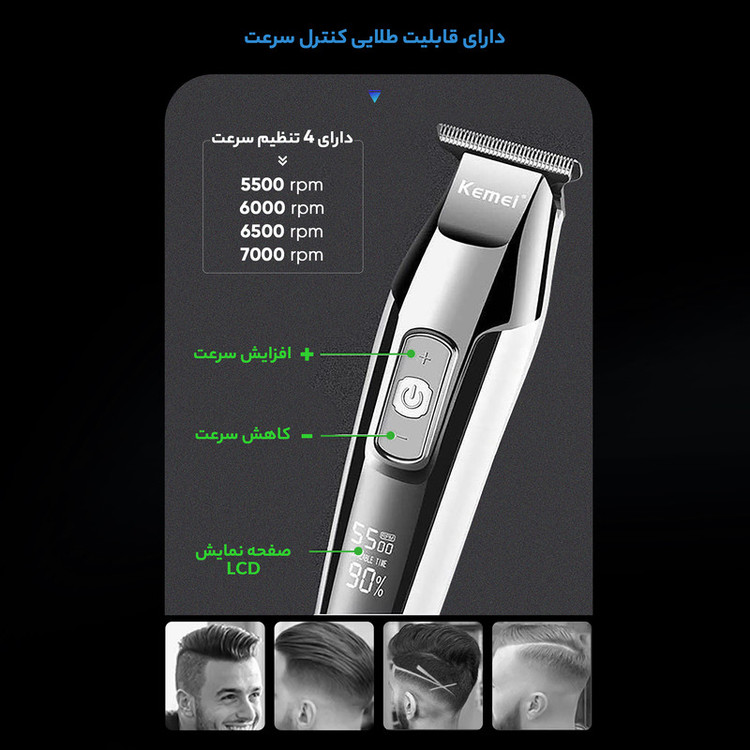 ماشین اصلاح موی صورت کیمی مدل KM-5027 با تیغه تیتانیوم پیشرفته، باتری قابل شارژ با 240 دقیقه مدت استفاده، قابلیت اصلاح خشک و مرطوب، تنظیم طول اصلاح از 0.1 تا 3 میلیمتر و طراحی ارگونومیک کمصدا