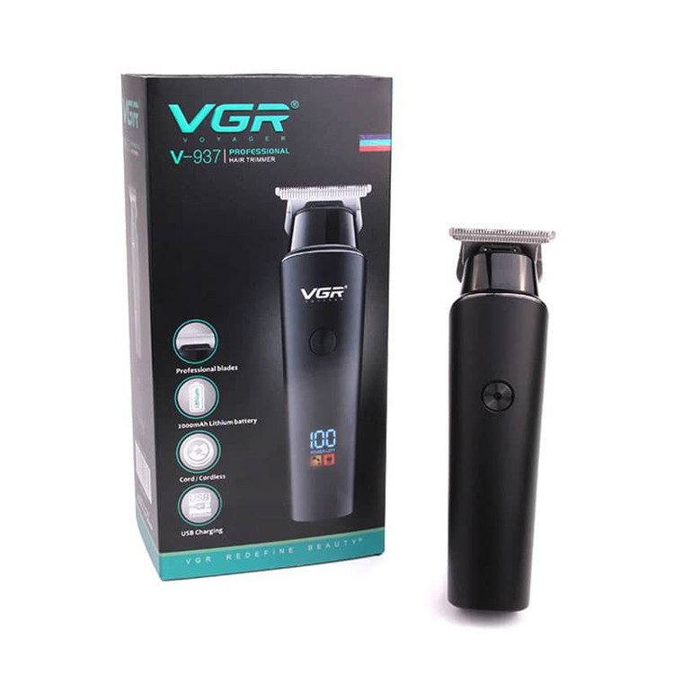 ماشین اصلاح صورت و سر وی جی آر V-937 با تیغه استیل ضد زنگ، باتری 2000 میلیآمپر قابل شارژ، قابلیت اصلاح صفر و خط زن، نمایشگر میزان شارژ و طراحی ارگونومیک