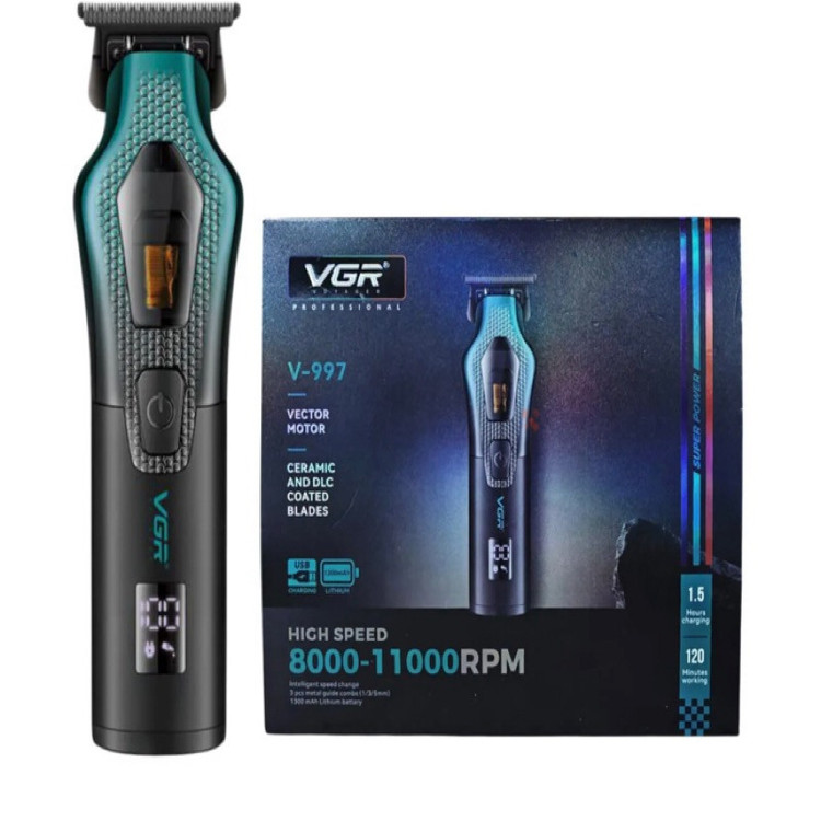 ماشین اصلاح موی سر و صورت وی جی ار مدل V-997 با موتور 11000 دور در دقیقه، باتری لیتیوم یونی 2500 میلیآمپر ساعت، تیغه سرامیک ضد التهاب، قابلیت تنظیم سرعت و نمایشگر میزان شارژ